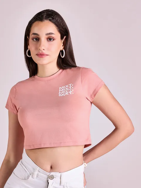 T-shirt imprimé rose à col rond